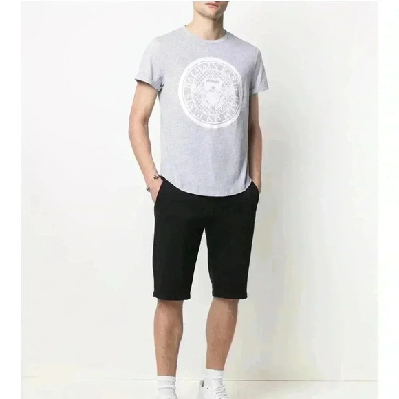 NWT Balmain Men’s Coin Flock Raised Logo Short Sleeve Tee Gray White XS - Picture 2 of 7